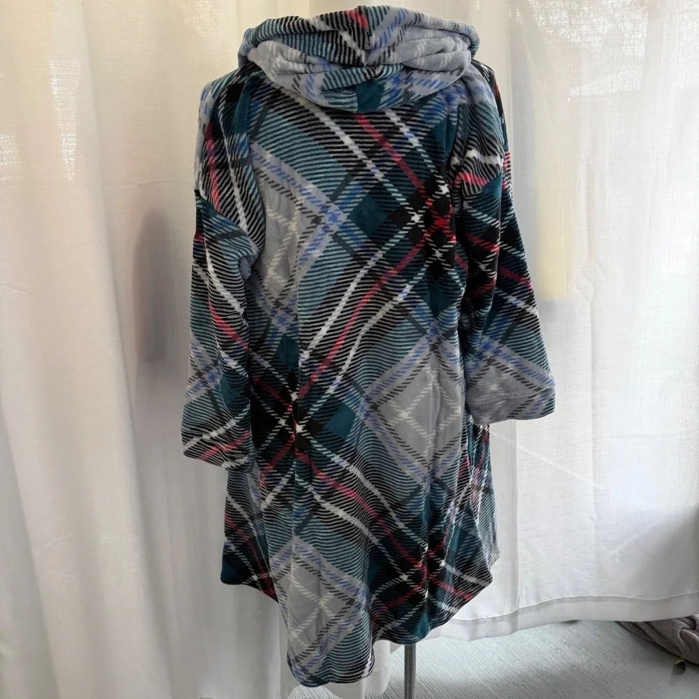Vera‎ Bradley Fleece Robe Size XL Red Blue Plaid Hooded Lounge Comfy Cabincore